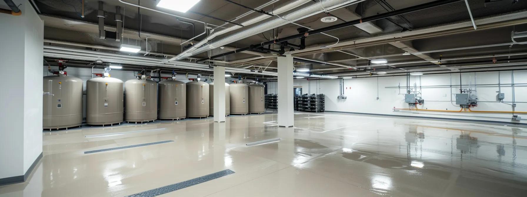 a modern, brightly lit commercial basement in baltimore, showcasing advanced waterproofing technology with sleek, industrial equipment arranged neatly, conveying a sense of innovation and efficiency in a professional work environment.