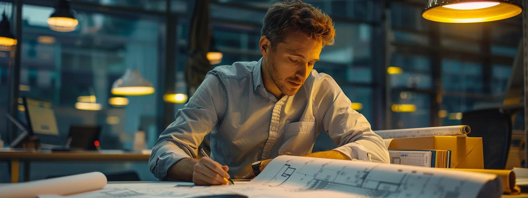 a professional waterproofing specialist in a modern baltimore office, confidently discussing project details with potential clients, surrounded by blueprints and waterproofing materials, illuminated by bright, focused lighting.