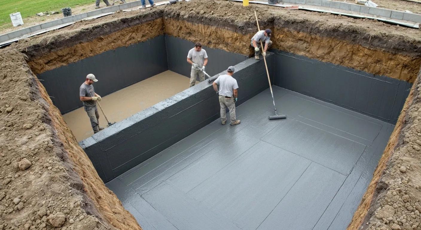 Exterior basement waterproofing process showing excavation and membrane application