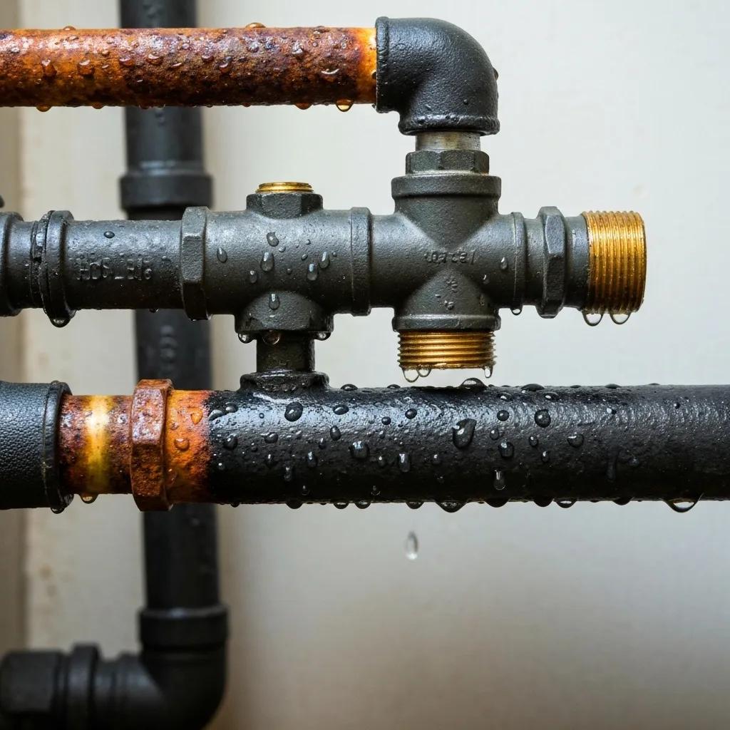 Corroded plumbing pipes in a Baltimore home, highlighting common causes of leaks