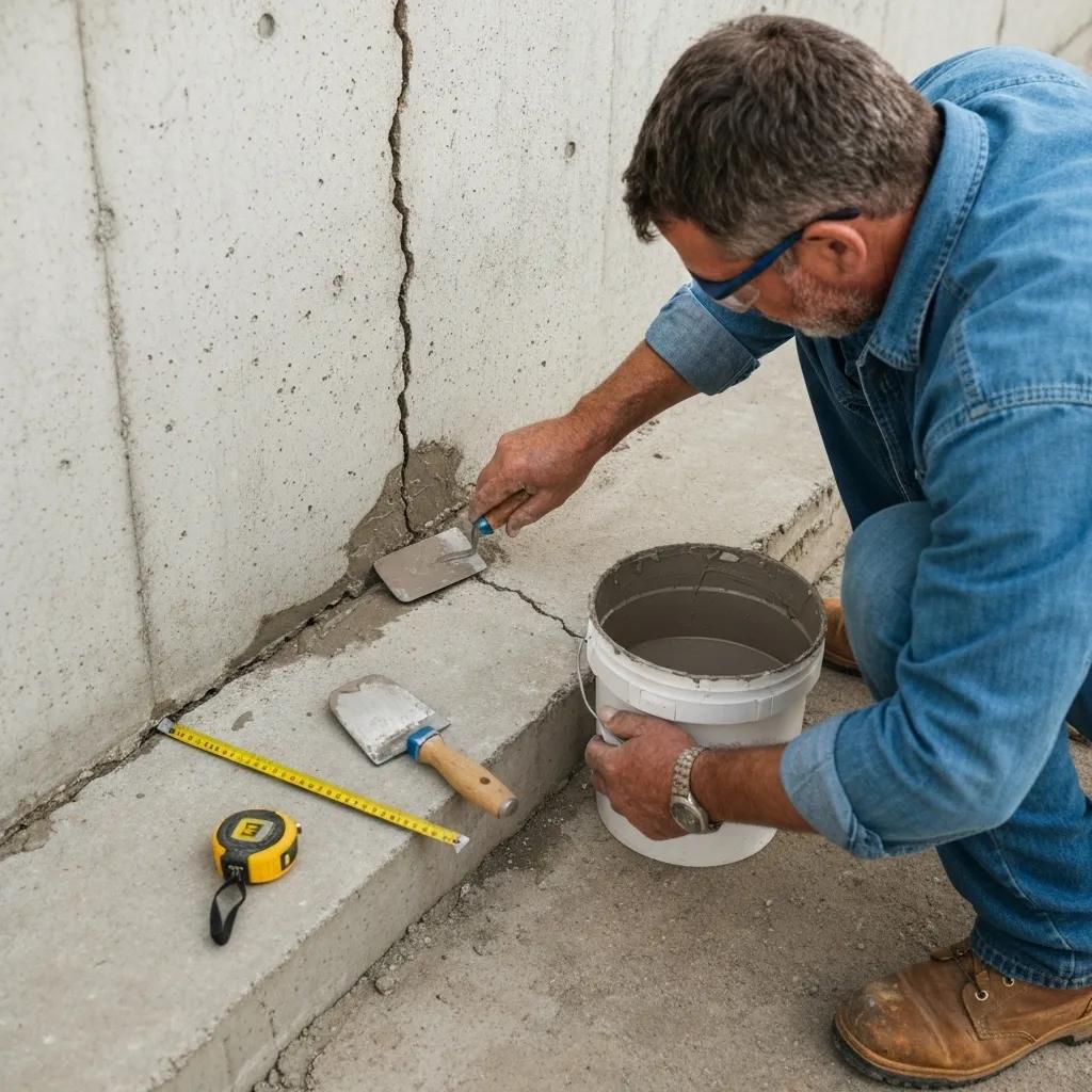 Contractor repairing a foundation crack with epoxy in a basement setting