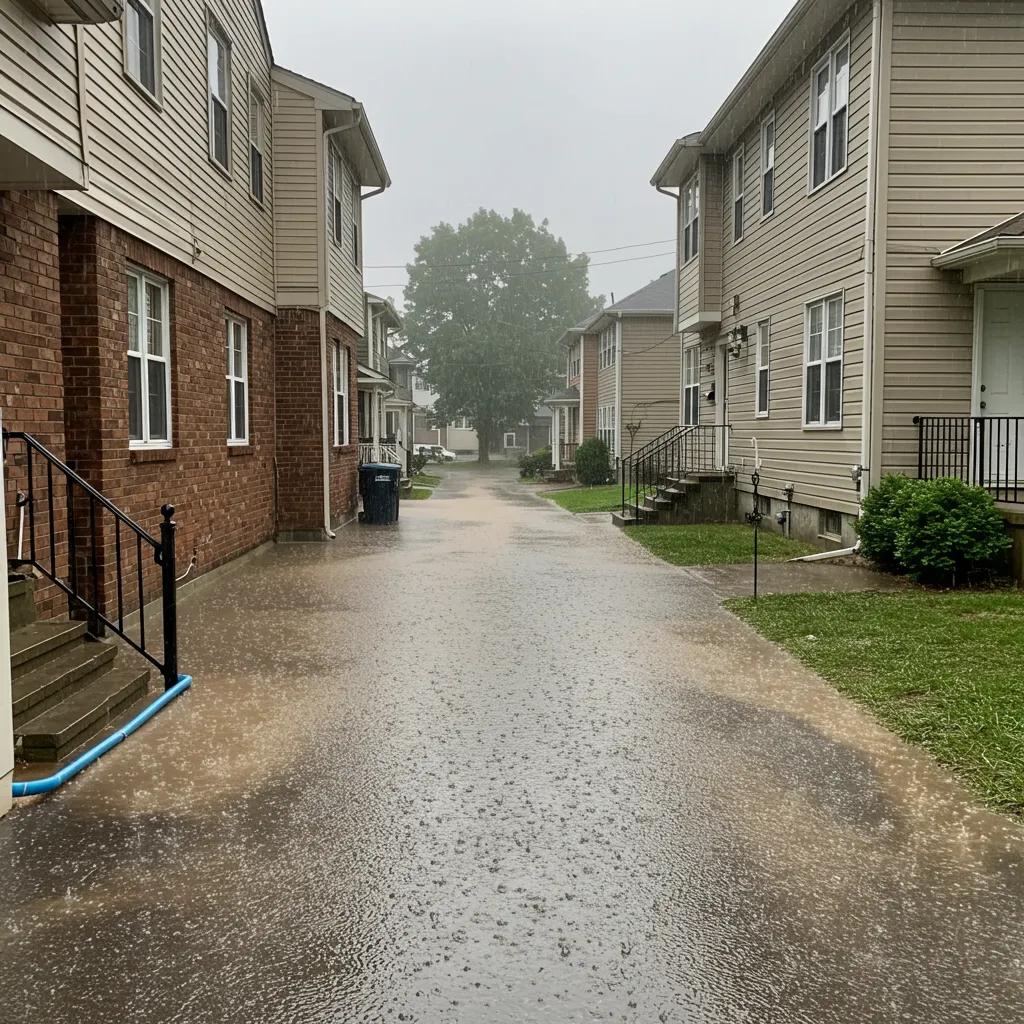 Rainwater pooling near foundations after a heavy storm in a Baltimore neighborhood