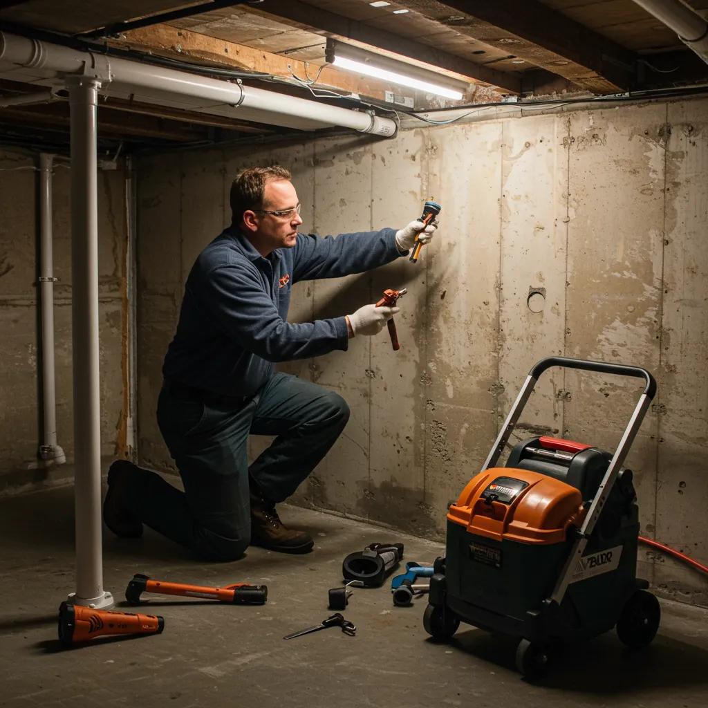 Professional basement waterproofing technician inspecting foundation walls in a Baltimore home